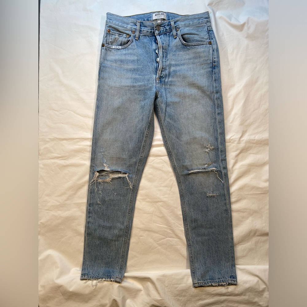 AGOLDE a premium jeans, light‎ wash, high rise, button fly, distressed, size 27